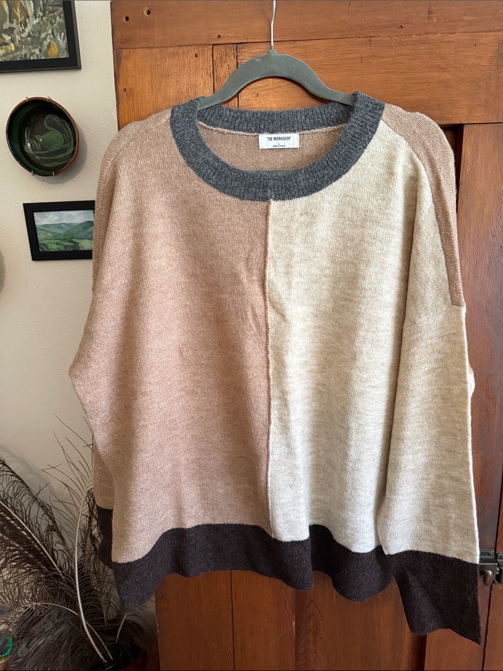 Workshop Republic Clothing Colorblock Crewneck Sweater - Beige & Cream